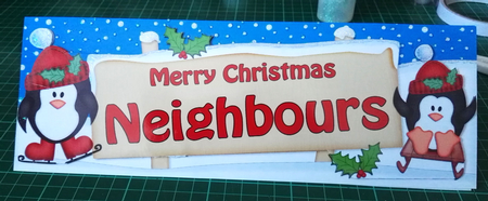 large DL Christmas NEIGHBOURS Penguins Signpost with Easicut 3d decoupage by Julie Hill
