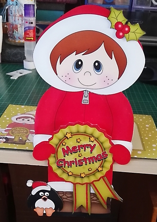 3D On the Shelf Card Kit - Cute Christmas Eskimo Boy with Seasonal Greetings Rosettes by Julie Hill