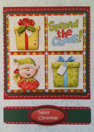 4 Square Card Front with Cute Santa's Elf and Pressies by KAAREN NIVEN