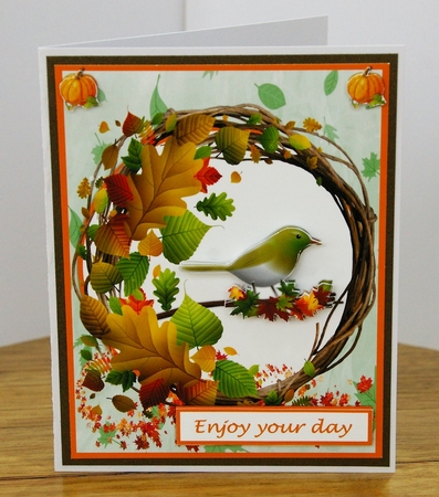 Thinking of You greeting card with a cute bird and Fall scene by Karen Blanch