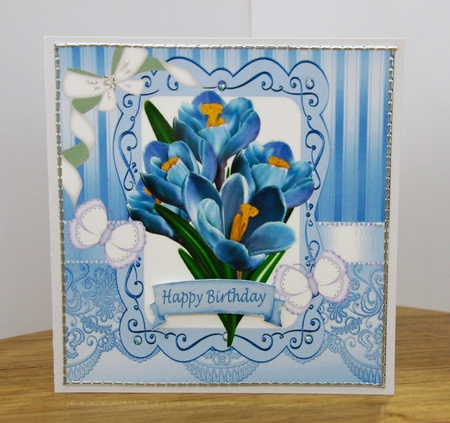 Pretty blue iris with butterflies and diamante bow 8x8 by Karen Blanch