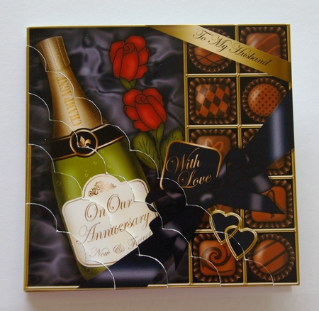 Husband Anniversary Champers Chocs & Roses Scalloped Corner Stacker by Karen Blanch