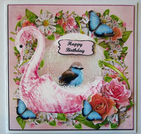 Pink Swan Globe with Bird, Flowers & Butterflies,decoupage by Karen Blanch