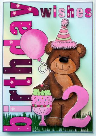 Birthday Girl Bear Age Two A4 Card Front and Decoupage by Karen Blanch