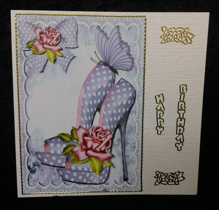 Pretty lilac polka dot shoes, pink roses, & butterflies with lace A5 by Karen Bowes