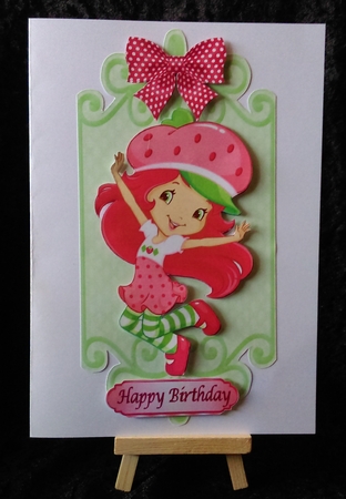 Dancing girl in her strawberry hat with gingham bow card front/insert by Karen Bowes