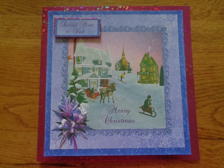 Christmas card with winter scene and floral embellishment by Karen Faulds
