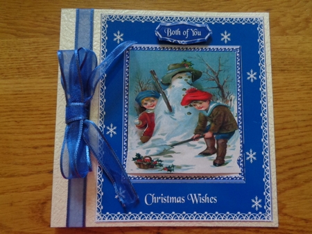 Christmas card with vintage children and snowman by Karen Faulds