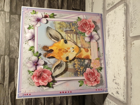 Beautiful Giraffe With Pink Roses 8x8 by Karen Price