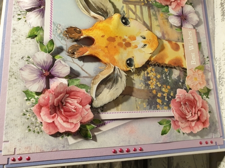 Beautiful Giraffe With Pink Roses 8x8 by Karen Price
