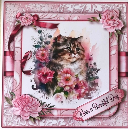 Peonies & Cats Card Front Kit-8 by KAREN WHYBORN