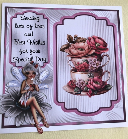 Fairy Tea Cup 2 - 6x6 inch card front with decoupage by KAREN WHYBORN