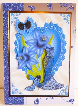 Blue Lace Dress , with Blue Daffodils on Heart, A4 Topper by Karen Nash