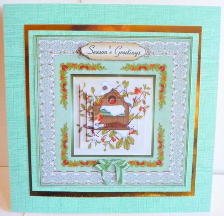 Christmas Robins 'n Lace Pyramid Card Front by Karen Nash