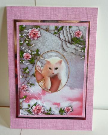 White Cat and Roses Scollop Corner Stacker Card by Karen Nash