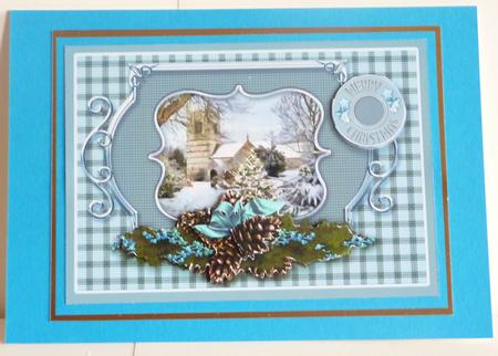 Christmas Snow Scene with Church and Pine Cones Decoupage by Karen Nash