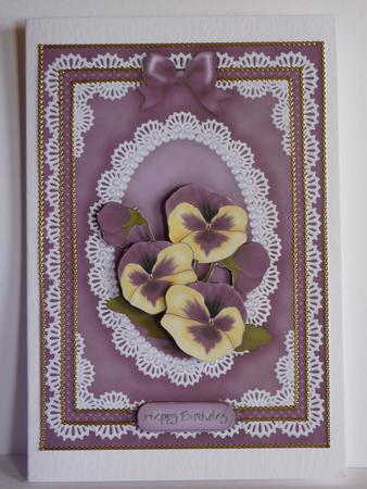 A5 Pansy, Lace and Pearls Quick Card with 3D Decoupage by Karen Nash