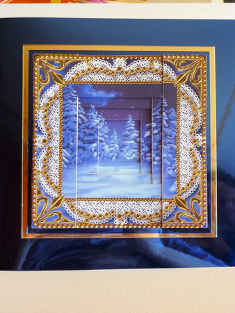 Blue Christmas Trees Spiral Edge Stacker 8x8 Card Front Kit by Karen Nash