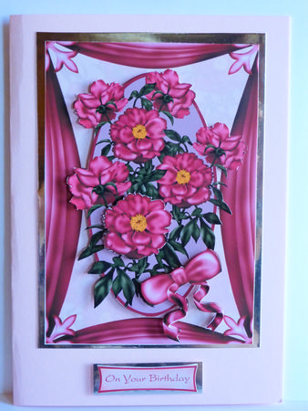 Pink Peony Card Front with Decoupage Layers by Karen Nash