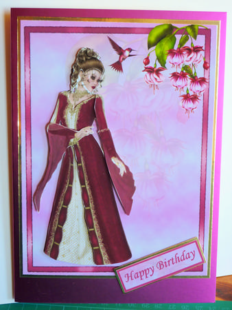 Lady with Fuschias and Hummingbird Card Front with Decoupage by Karen Nash
