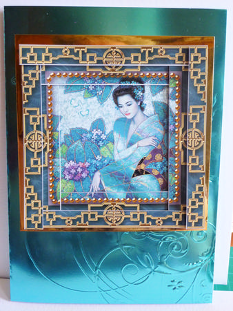 Oriental Blue Lady Spiral Edge Stacker Card Front by Karen Nash