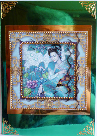 Oriental Blue Lady 2 Spiral Wavy Edge Stacker Card Front by Karen Nash