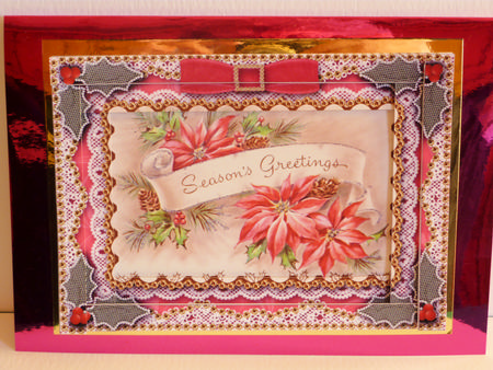 Pink Seasons Greetings Spiral Edge Stacker 7x5in Card Front by Karen Nash