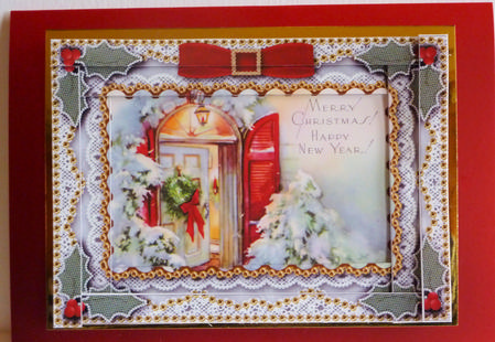Christmas Front Door Spiral Edge Stacker 7x5in Card Front by Karen Nash