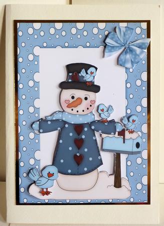 Snowman with Blue Birds in Snow Frame by Karen Nash