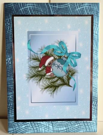 Cute Little Mouse Hugging a Bauble with Aqua Bow by Karen Nash
