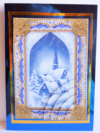 Blue Christmas Village Gold Lace 7x5inch Duo Corner Stacker by Karen Nash