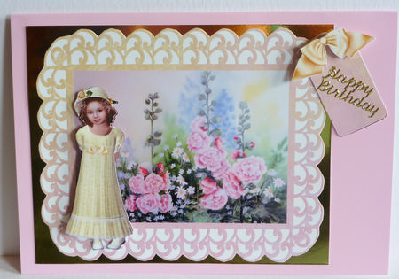 Pretty Girl in Hollyhocks Decoupage Card by Karen Nash