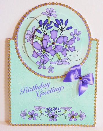 Violets - Vertical Foldback Card with Stacker & Decoupage by Karen Nash