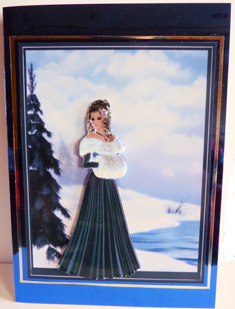 Blue Xmas Lady Card Front with Decoupage by Karen Nash