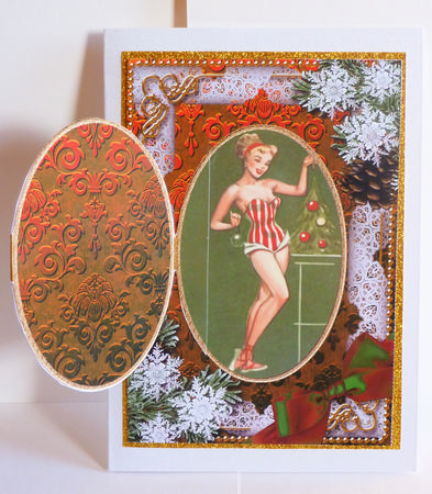 Hot Christmas Lady Snow A5 Locket Card Front by Karen Nash