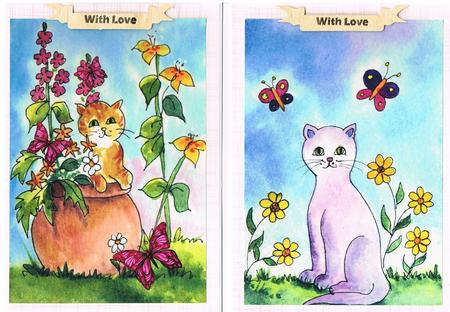 2 Origina Watercolours - Cats in the Garden by Kate Wordingham