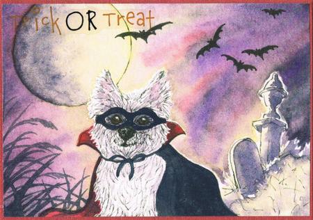 A4 Westie Dog Rides Again at Halloween by Kate Wordingham