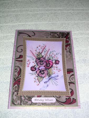 Pansey Bouquet Curved Gold Frame Card by Kath Morgan