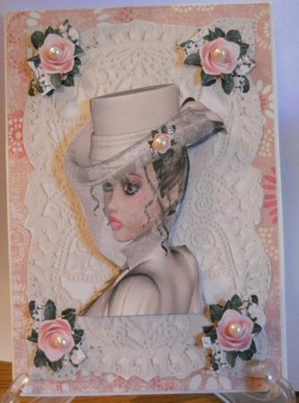 Elegant Victorian Ladies Head with Pink Rose Embelsihments by Kathi Carlozzi