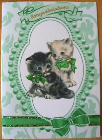 Cute Kitties in Bead Frame with Green Bows A5 Card by Kathleen Francis