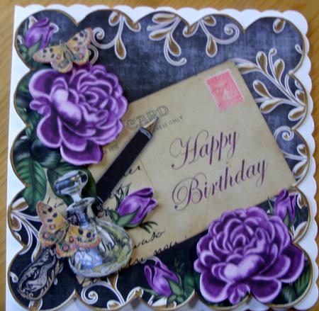Purple Roses Black Happy Birthday 8in Decoupage Topper by Kathleen Francis