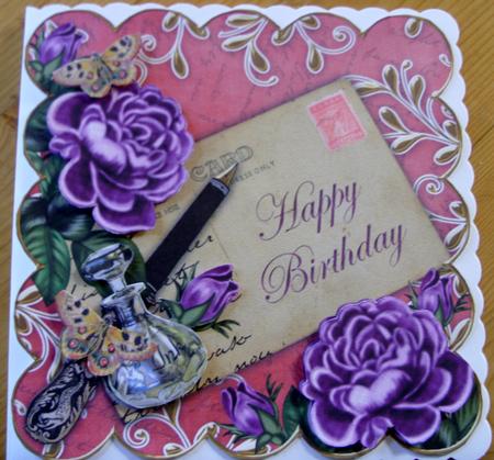 Purple Roses Red Happy Birthday 8in Decoupage Topper by Kathleen Francis