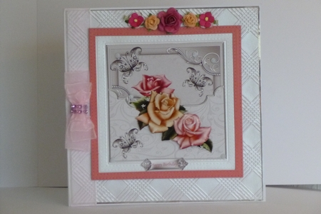 Pink rose 7x7 card with decoupage and sentiment tags by Kathleen Peace