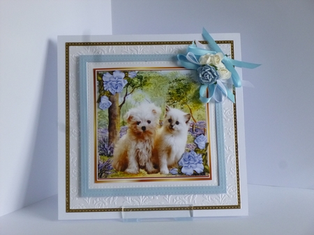 4 Lovely Card fronts of puppies/kittens in the woodland 8x8 Mini kit by Kathleen Peace