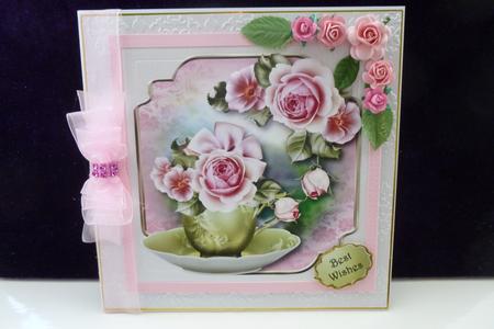Pretty Pink Roses Teacup & Saucer - Shaped Topper by Kathleen Peace