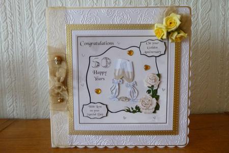 Golden Wedding Anniversary Card with Champagne & Roses by Kathleen Peace