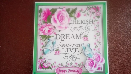 pretty cerise rose and flowers cherish yesterday script with butterflies 8x8 by Kathleen Collison