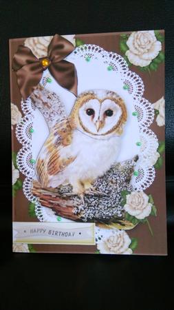 Gorgeous Owl on a Branch, on Lace Frame with Cream Roses by Kathleen Collison