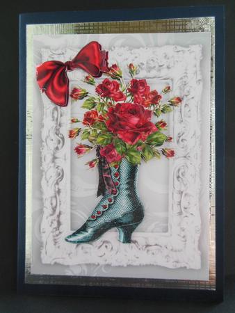 Vintage Boot with Red Roses in Silver Frame A4 by Kathy Holyoake