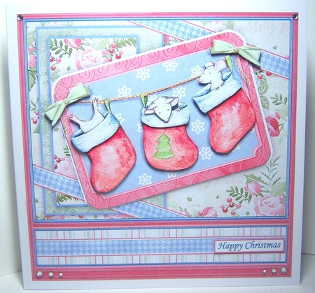 3 CHRISTMAS MICE IN STOCKINGS 7.5 Decoupage & Insert Card Kit by Katie Silver